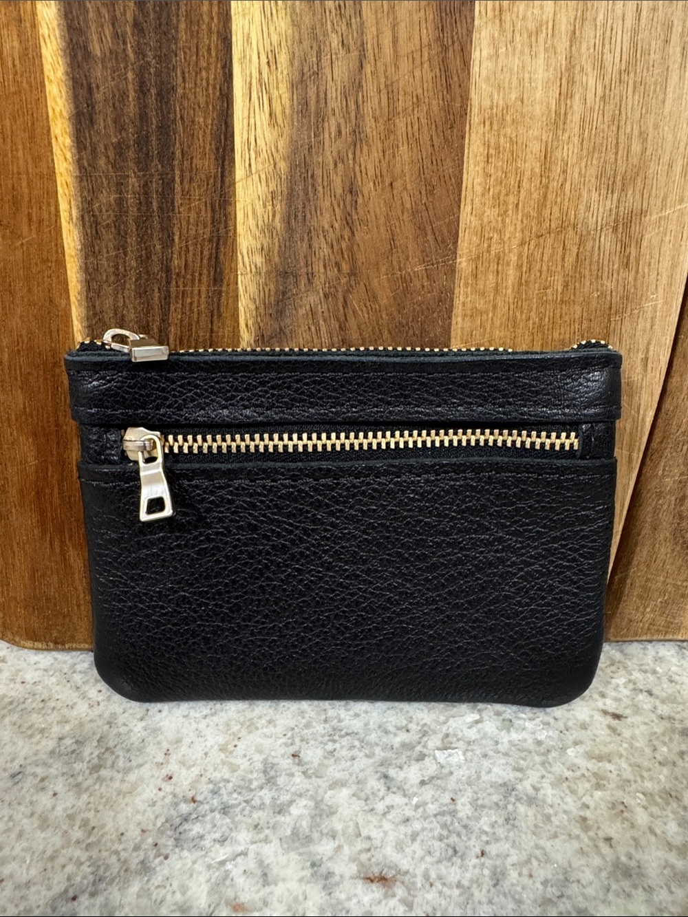 Portland Leather Pebbled Black Leather Double Zip Wallet